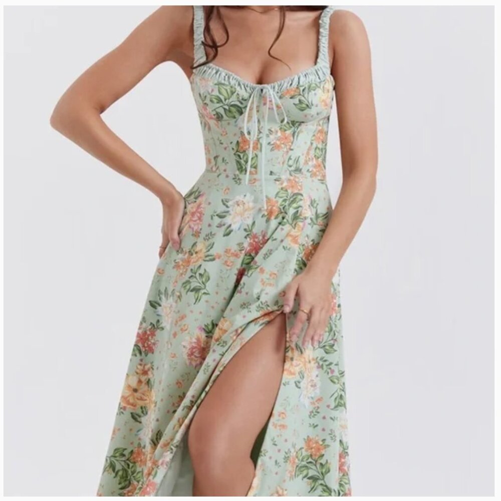House of CB "Sabrina" LIGHT JADE PRINT BUSTIER SUNDRESS  NWT